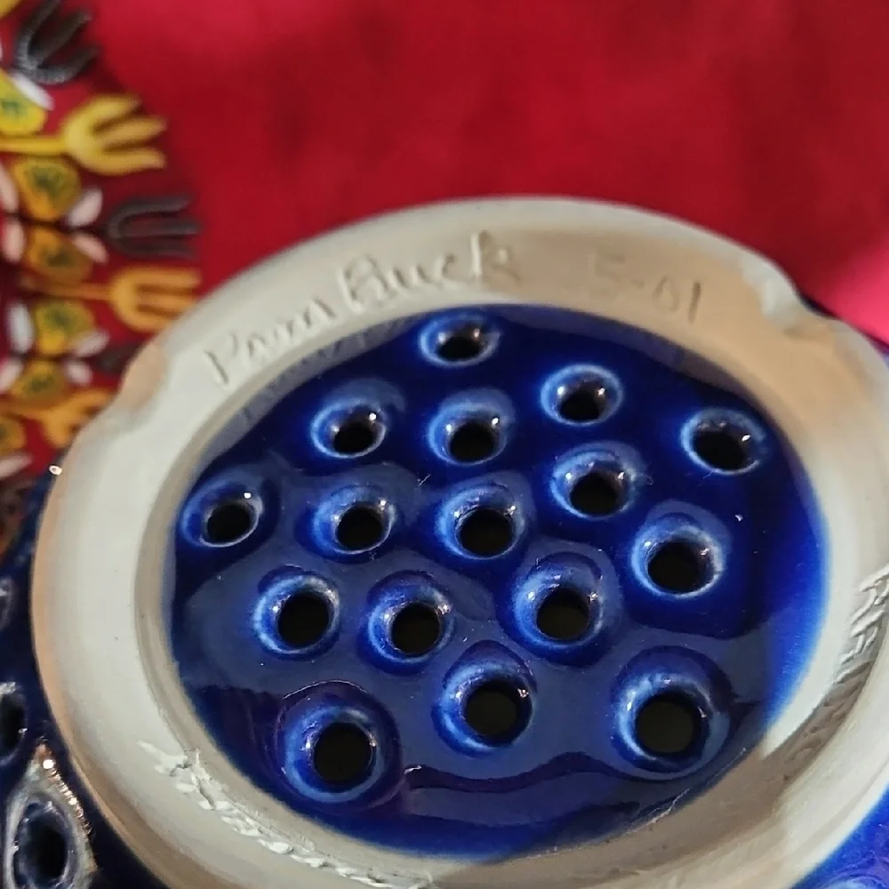 Handmade/Signed Ceramic Berry Bowl & Underplate w/Vibrant Blue Speckled Glaze